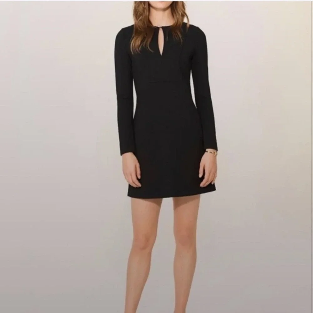 Tory Burch Black Knit Rory Long Sleeve Keyhole Mini Dress Logo Pearl Button XS